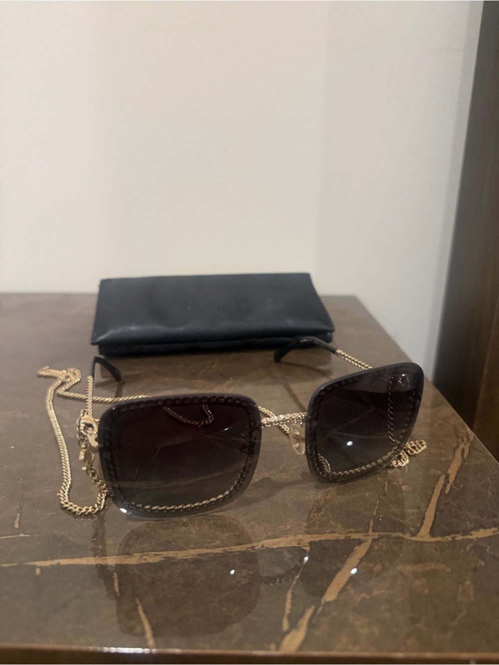 CHANEL Black Gradient Square Sunglasses with Gold Chain Trim - Picture 2 of 5